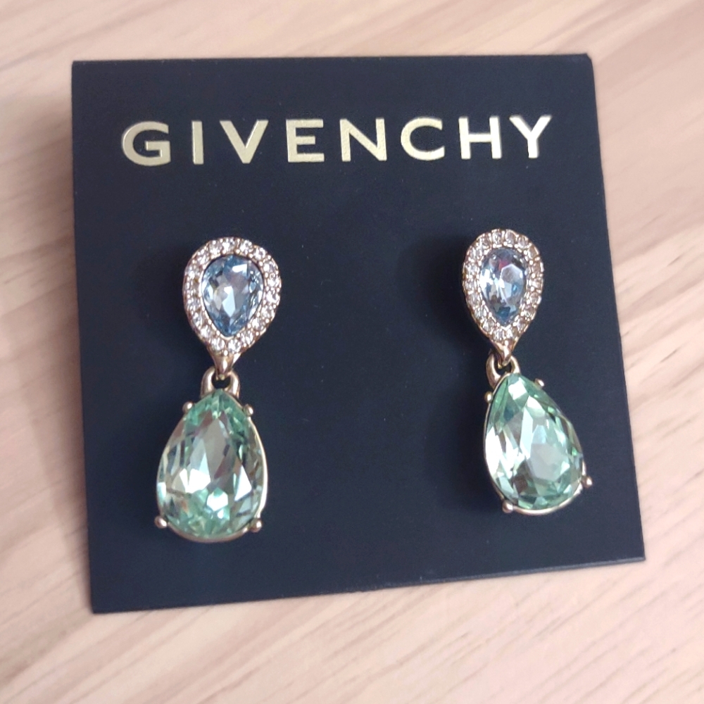 Givenchy Sparkling Blue Green Crystal Teardrop Dangle Earrings Y2K Bling